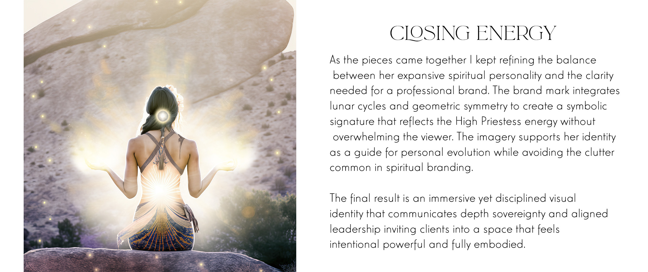 A woman sits on a desert rock with her back facing the viewer. Light radiates from her hands spine and crown in a mystical glow. The scene feels ethereal and symbolic of spiritual power. Designed in the signature style of Aquarian Creative and artist Aurelia Corvinus.