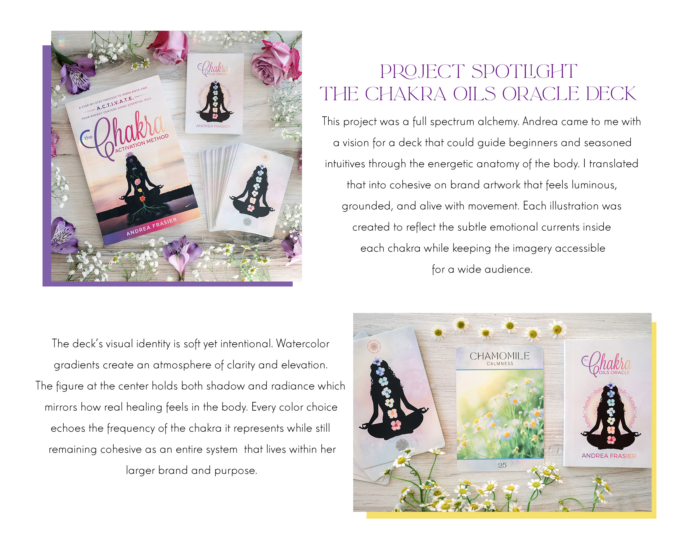 Flat lay with copy of the Chakra Oils Oracle Deck featuring the guidebook, chakra silhouette cards, botanical essential oil cards, and chamomile flowers arranged on a light wooden surface. Artwork by Aurelia Corvinus blending watercolor gradients with plant imagery. Photography by Claire Morgan ©2022 used with permission