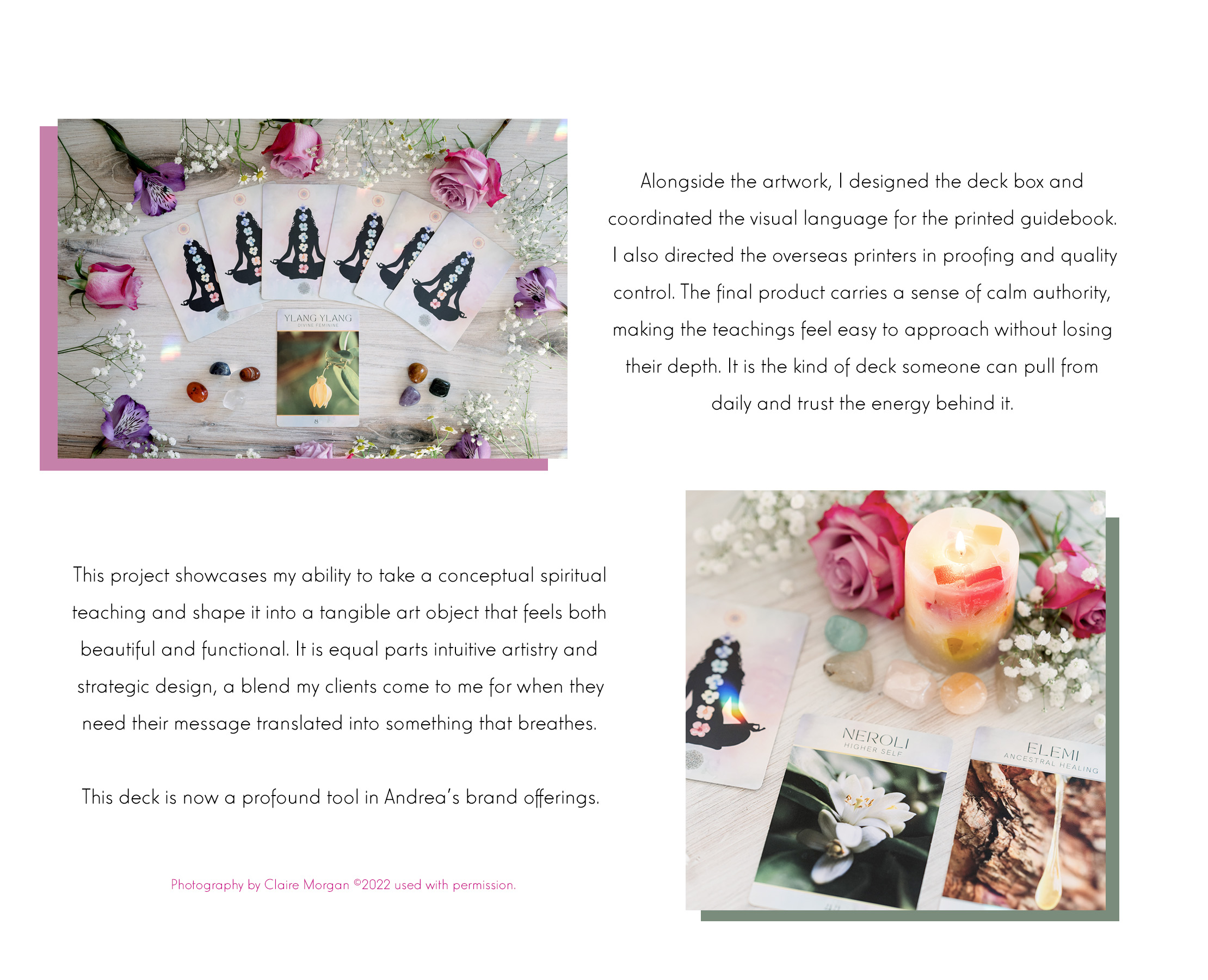 Styled Aquarian Creative flat lay of the Chakra Oils Oracle Deck featuring multiple chakra silhouette cards arranged with roses, gemstones, and botanicals on a pale wooden surface, alongside a second image showcasing essential oil cards beside a lit candle. Artwork by Aurelia Corvinus. Photography by Claire Morgan ©2022 used with permission.