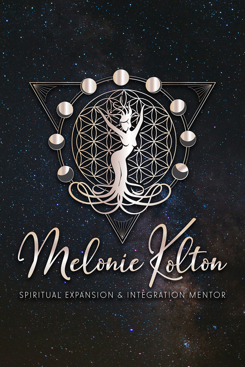 High Priestess sigil and celestial brand identity created by Aquarian Creative founded by Aurelia Corvinus displayed against a star filled cosmic background for Melonie Kolton.