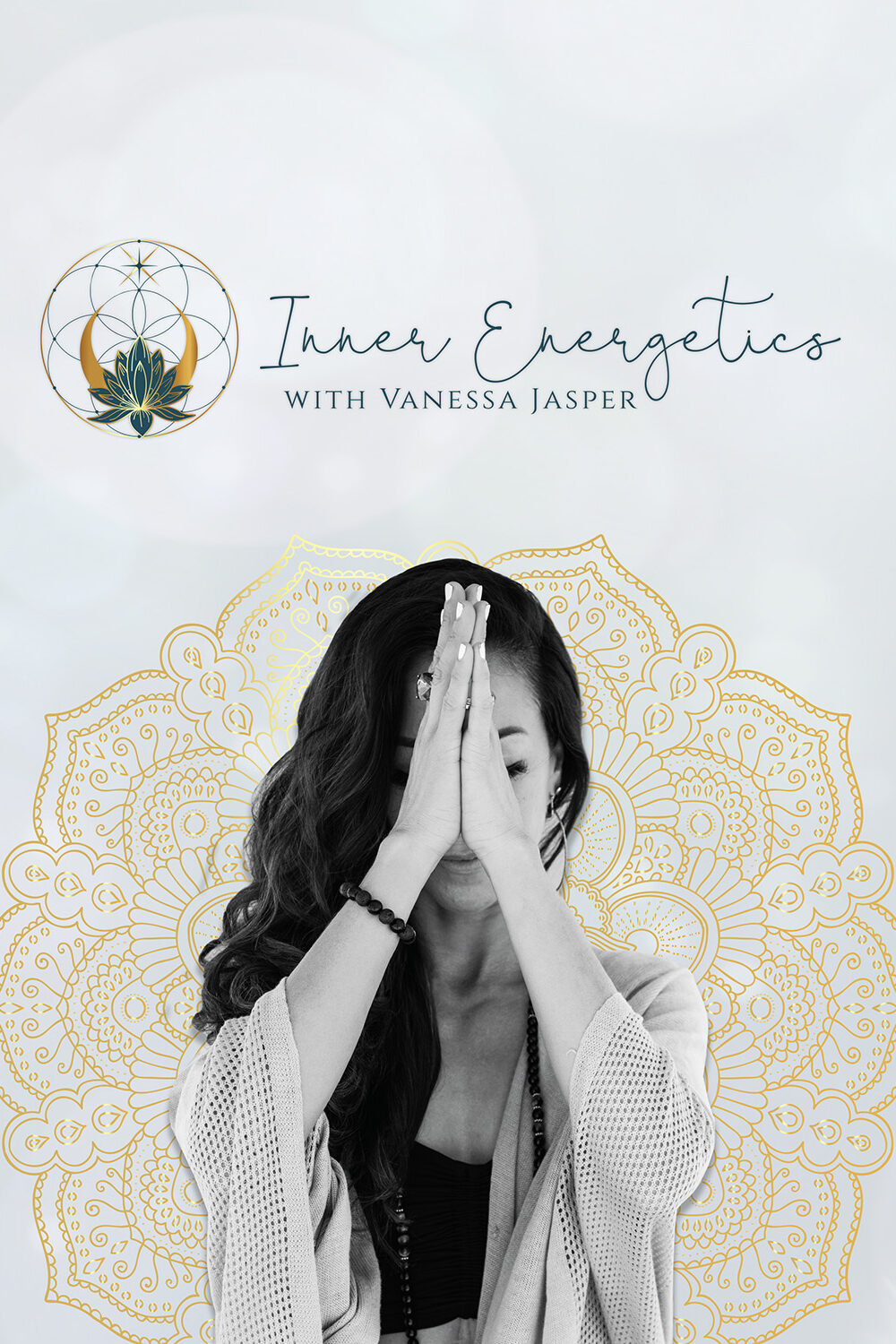 A woman with long dark hair stands in prayer pose before a gold mandala. The Inner Energetics logo floats above her. Soft light and a serene atmosphere reflect the soulful visual branding by Aquarian Creative and artist Aurelia Corvinus.