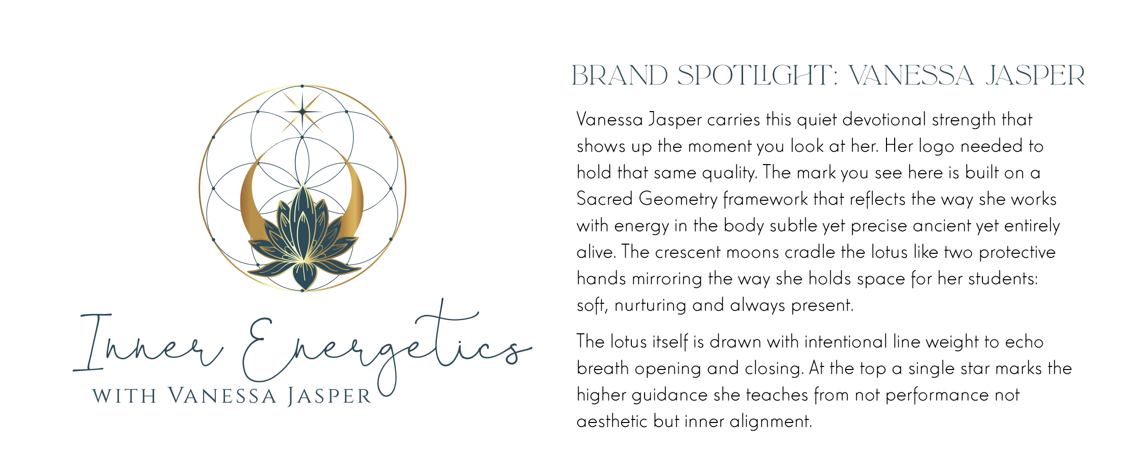 Inner Energetics logo featuring a lotus, twin crescent moons, and a sacred geometry framework. The design reflects devotional strength, intuitive energy work, and the refined spiritual branding style crafted by Aquarian Creative and Aurelia Corvinus.